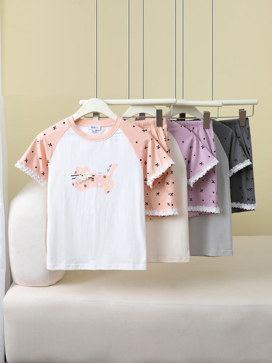 RuRu Kids Short Sleeve Pyjama Set – Kitty Lace