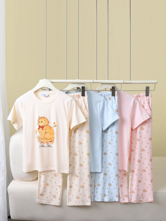 RuRu Kids Short Sleeve Pyjama Set – Kitty Print