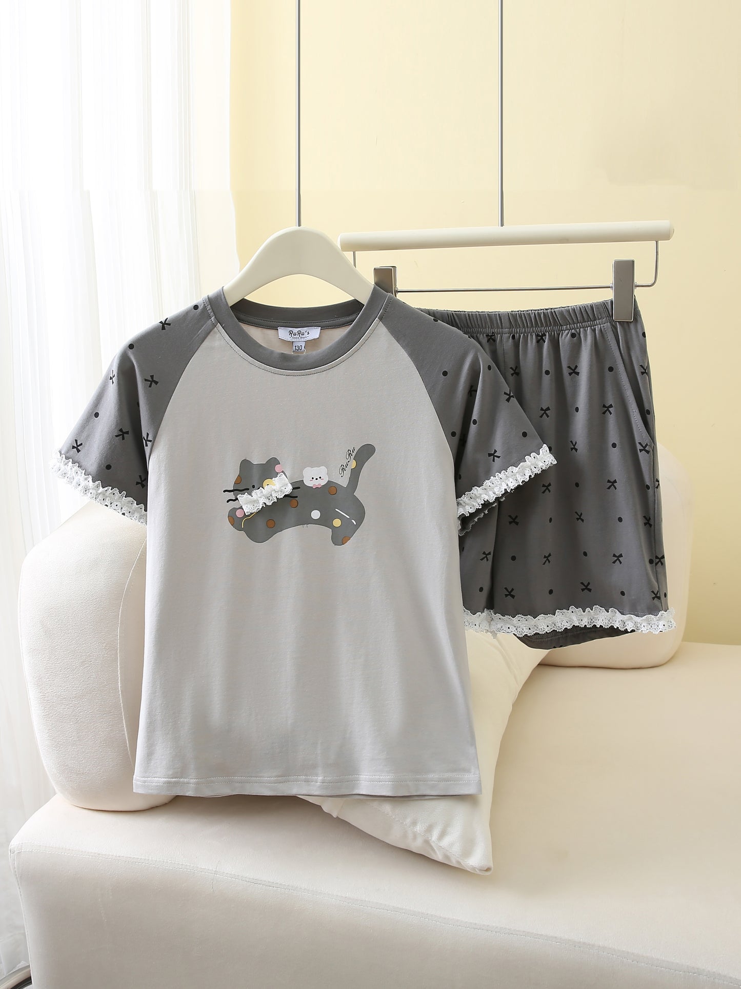 RuRu Kids Short Sleeve Pyjama Set – Kitty Lace