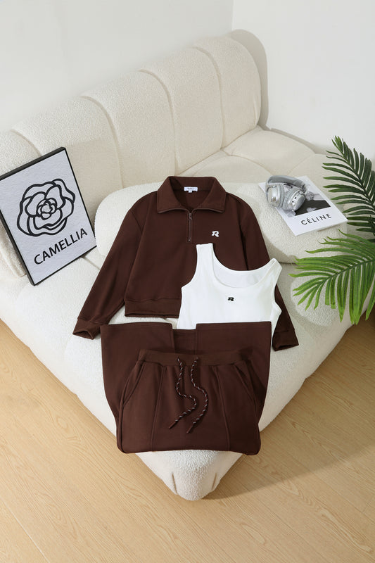 3-Piece Loungewear Sweatshirt Set (Polo Top + Tank + Skirt)