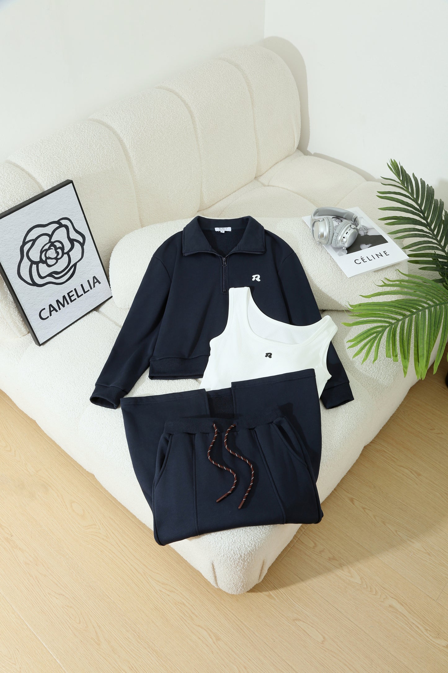 3-Piece Loungewear Sweatshirt Set (Polo Top + Tank + Skirt)