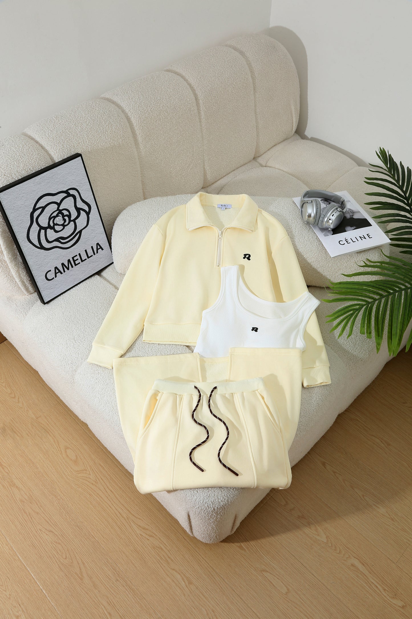 3-Piece Loungewear Sweatshirt Set (Polo Top + Tank + Skirt)