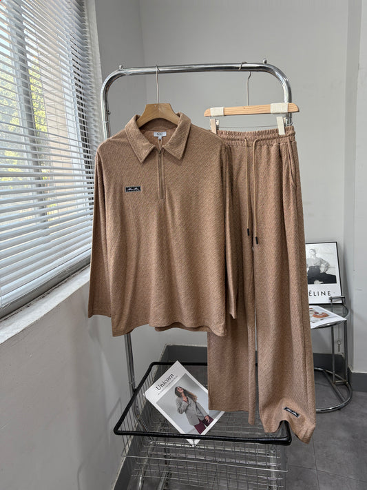 Textured Zip Collar Lounge Set for Men