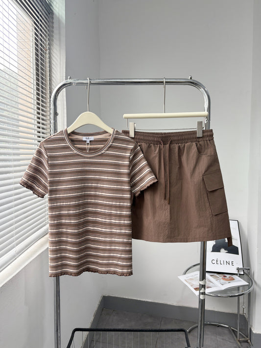 Striped Short Sleeve Top & Utility Skirt Set