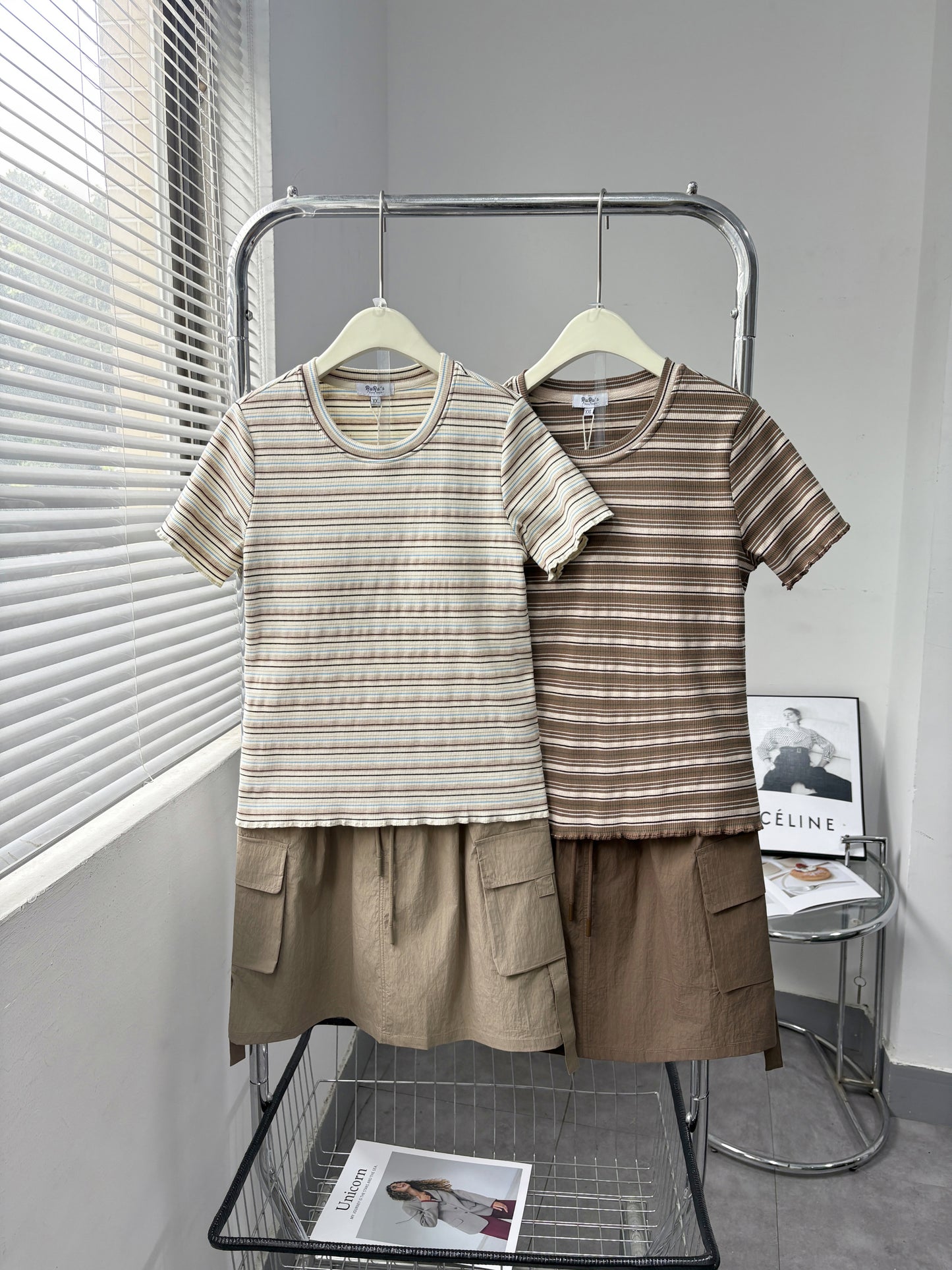 Striped Short Sleeve Top & Utility Skirt Set