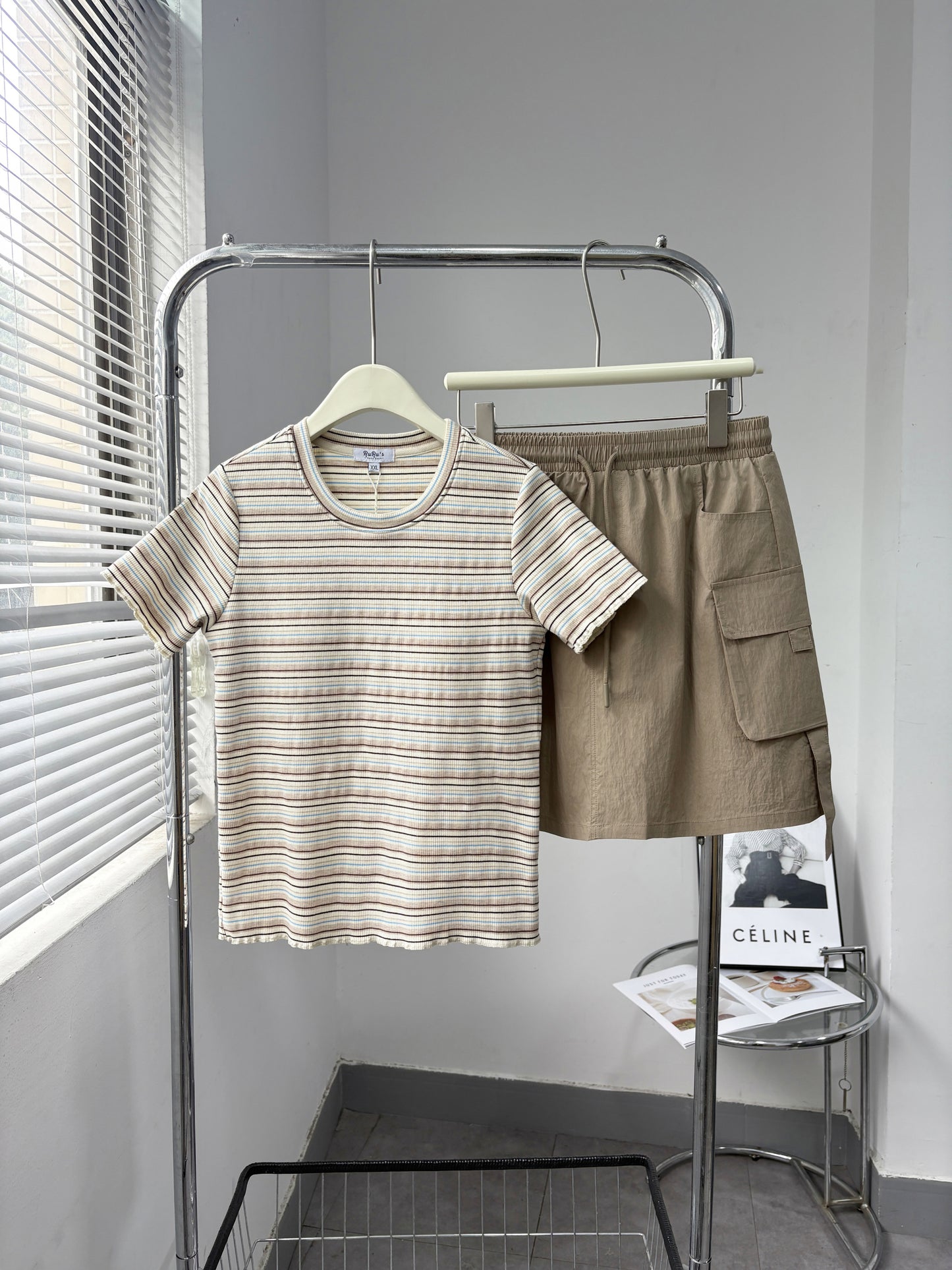 Striped Short Sleeve Top & Utility Skirt Set